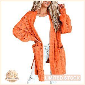 Oversized Long Cardigan Open Front Lantern Sleeves Cozy Winter Sweater with